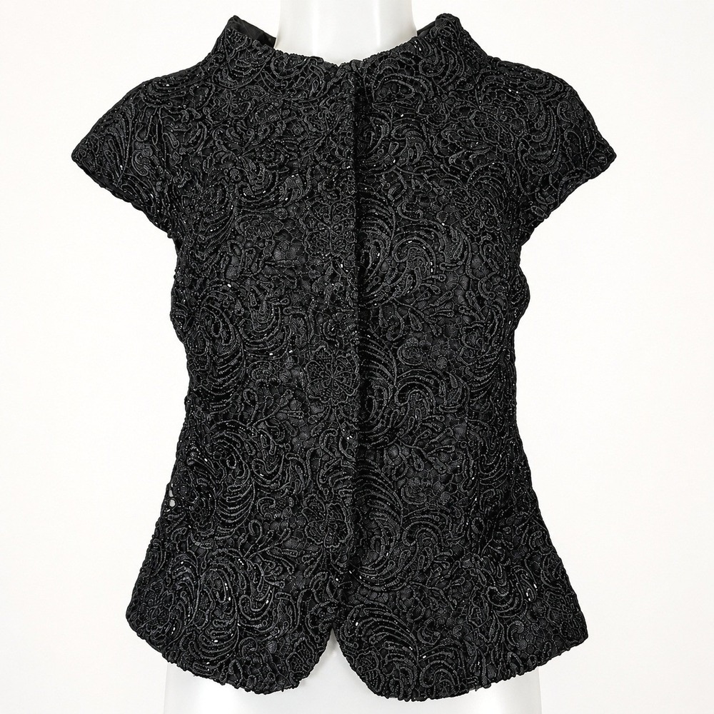 Carmen Marc Valvo Beaded Lace Top Womens 6 Black Cap Sleeve Formal Cocktail Dark